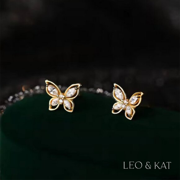 Zircon Butterfly Stud Earrings in Gold and Silver. 925 Sterling Silver. #1031 - Picture 5 of 5